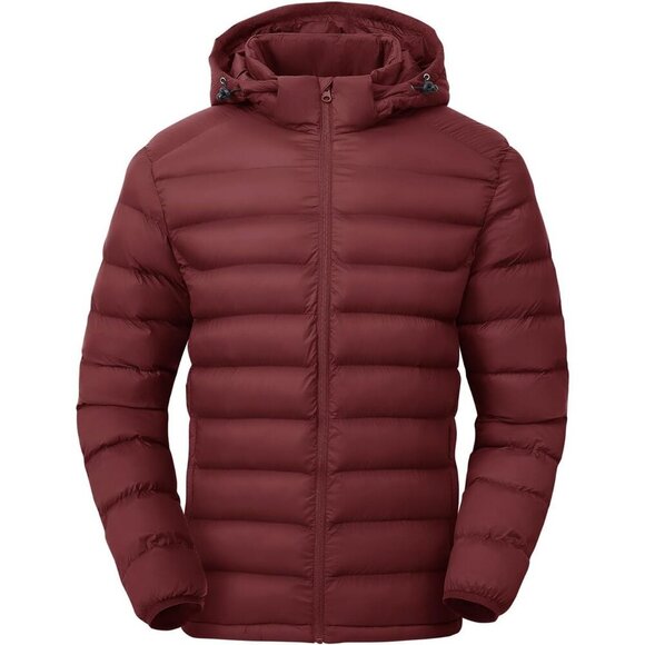 Jackets & Blazers - Men’s Wine Red 100% Nylon Hooded Zip-Up Lightweight Warm Winter Puffer Jacket